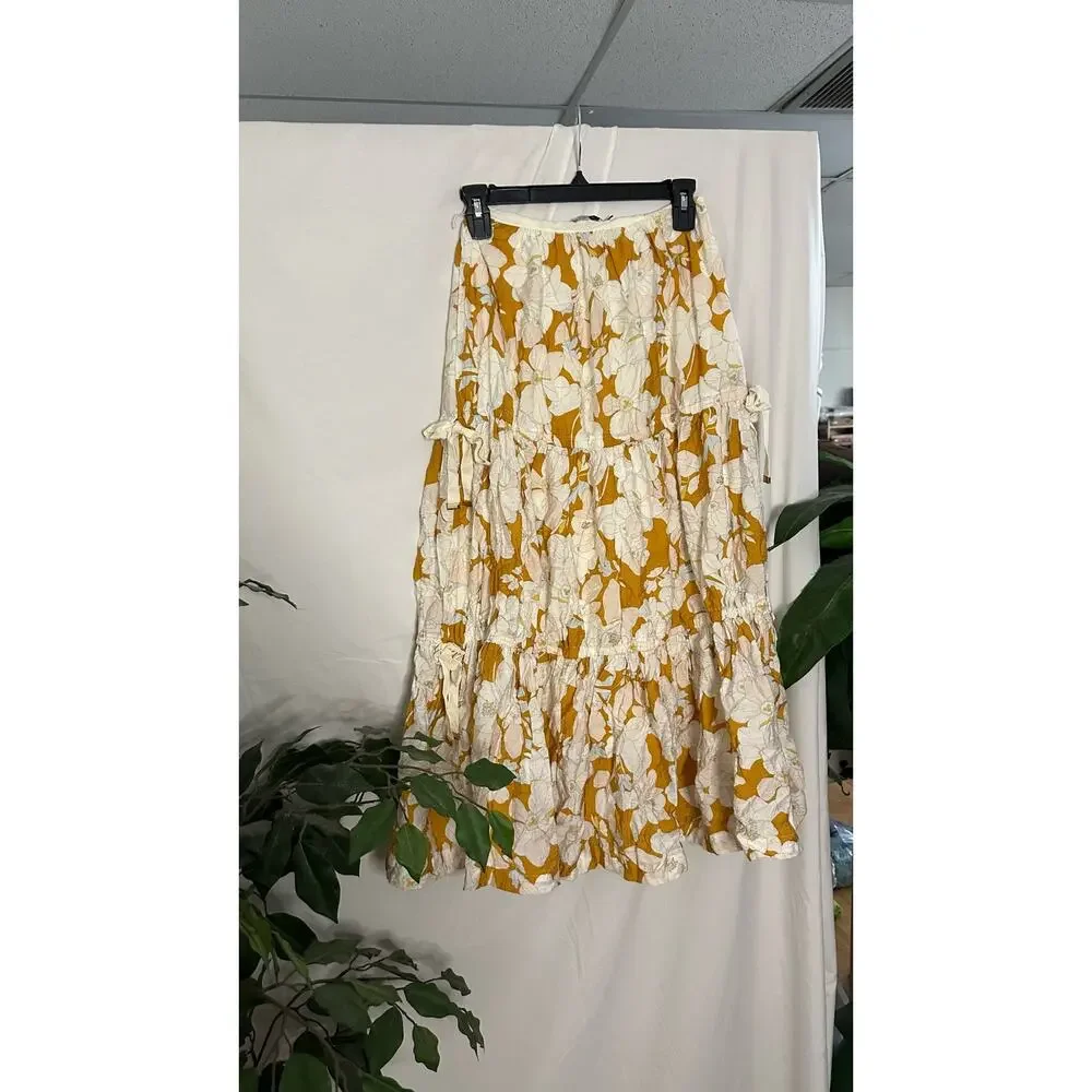 Mon Renn Magnolia Floral Tiered Midi Skirt Yellow Cream Size XS